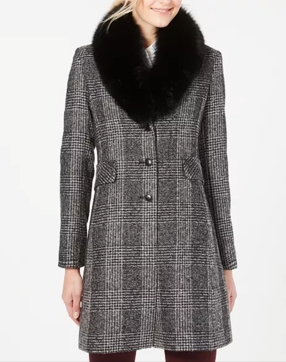 NEW Forecaster Of Boston Fox-Fur-Collar Reefer Coat Black and White - Picture 1 of 5